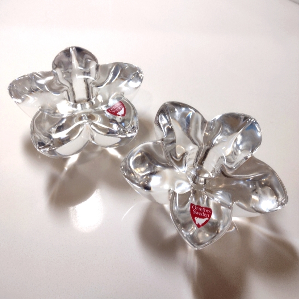 Orrefors Sweden Crystal Taper Candle Holders Flower Petal Design